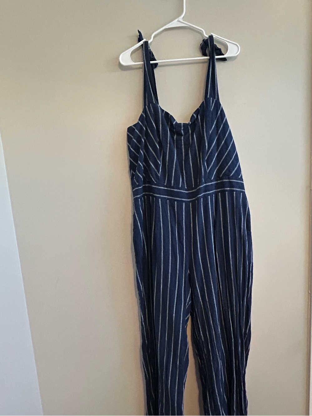 Lane Bryant Navy & White Striped Tie-Shoulder Jumpsuit